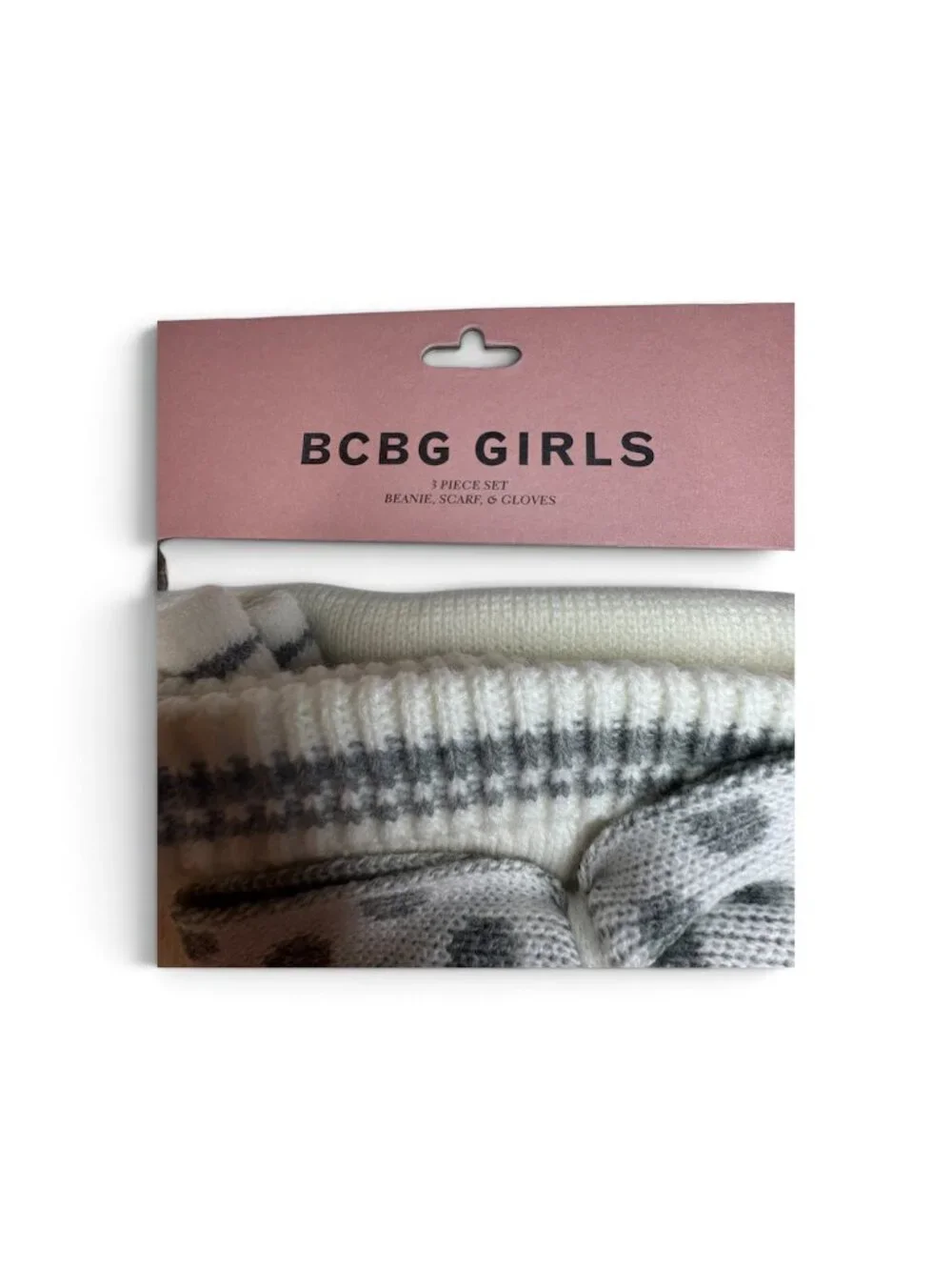 BCBG Girls 3-Piece Knit Beanie Scarf & Gloves Set White Gray Polka Dot Bows NWT